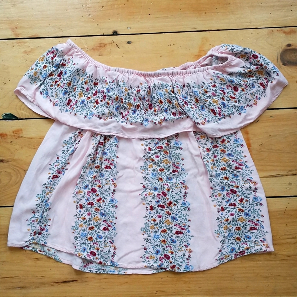 AE Pink Floral Flowy Off the Shoulder Top